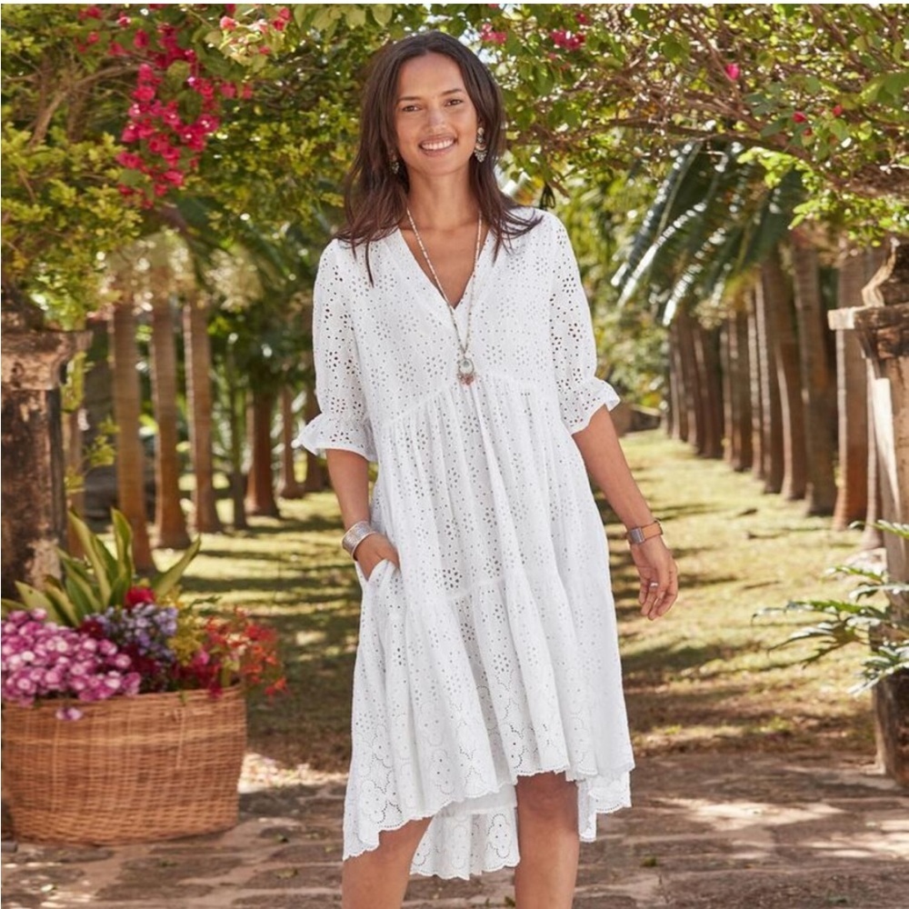 Sundance L Jasmine Tiered Eyelet Dress Cotton White Pockets High Low Midi